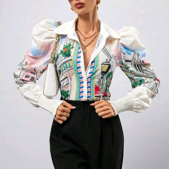 Painting Print Button Down Long Sleeve Shirt Button Up Shirt Women Long Sleeve - Picture 1 of 5